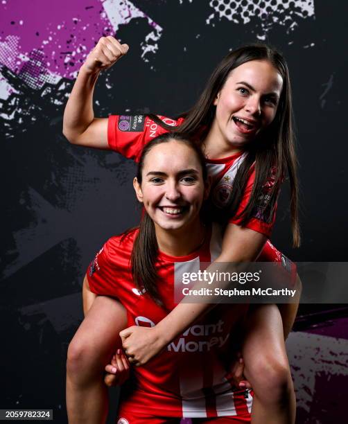 Sligo , Ireland - 7 March 2024; Jess Casey and Alice Lillie, right, during a Sligo Rovers FC squad portrait session at The Showgrounds in Sligo.