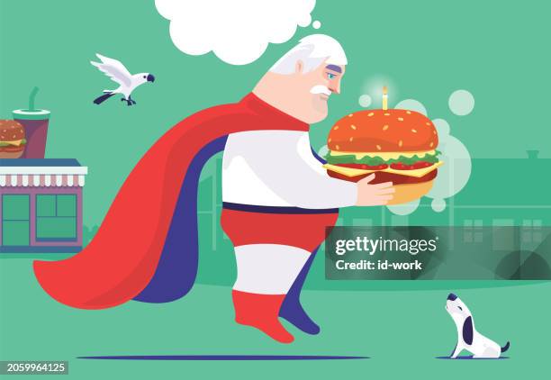 sad senior superhero holding hamburger with pets - birthday candles stock illustrations