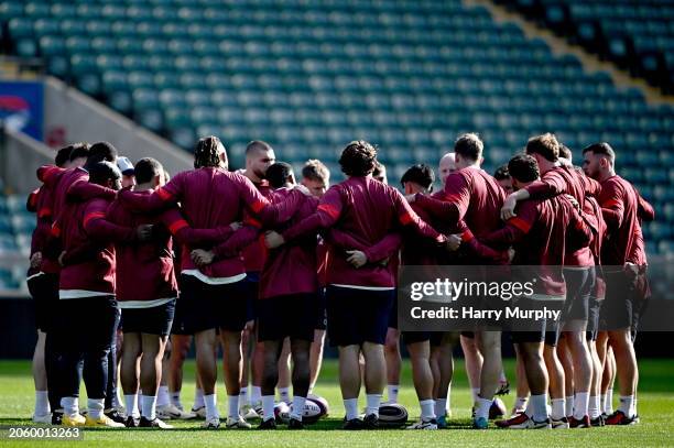 London , United Kingdom - 8 March 2024; England players huddle during an England rugby captain's run at Twickenham Stadium in London, England.