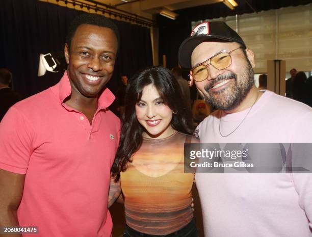Josh Breckenridge, Zoe Jensen and Orville Mendoza during the new Huey Lewis musical "The Heart of Rock and Roll" press presentation at The New 42...