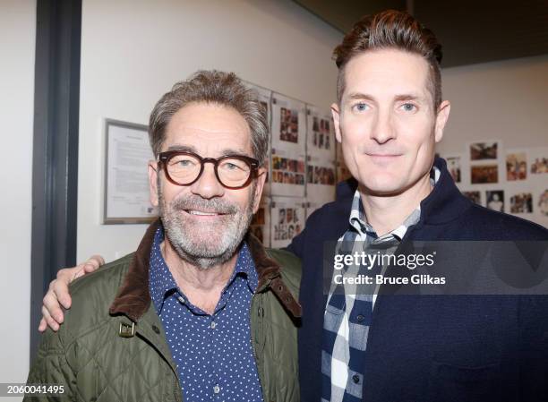 Composer Huey Lewis and Producer & Story Tyler Mitchell pose during the new Huey Lewis musical "The Heart of Rock and Roll" press presentation at The...