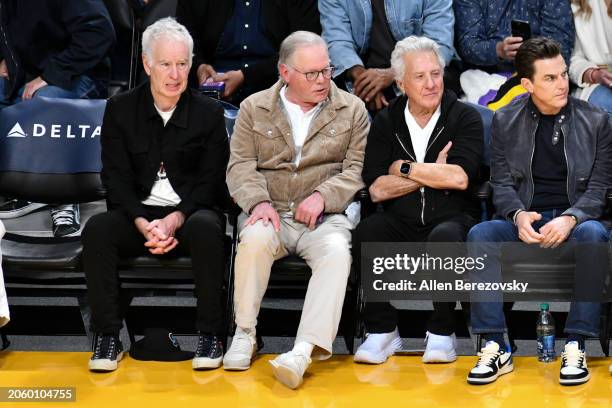 John McEnroe, David Zaslav, and Dustin Hoffman attend a basketball game between the Los Angeles Lakers and the Oklahoma City Thunder at Crypto.com...