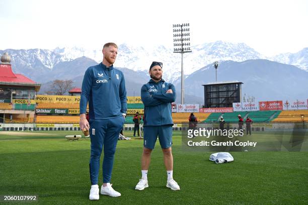 England coach Brendon McCullum and captain Ben Stokes during a nets session at Himachal Pradesh Cricket Association Stadium on March 05, 2024 in...