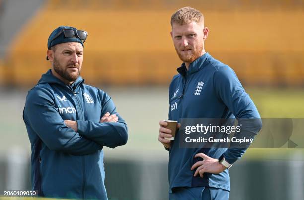 England coach Brendon McCullum and captain Ben Stokes during a nets session at Himachal Pradesh Cricket Association Stadium on March 05, 2024 in...