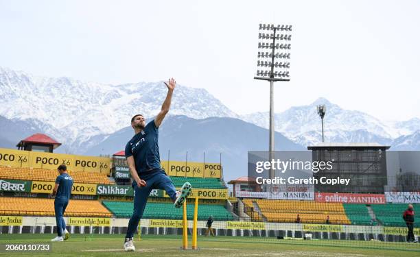 Mark Wood of England bowls during a nets session at Himachal Pradesh Cricket Association Stadium on March 05, 2024 in Dharamsala, India.