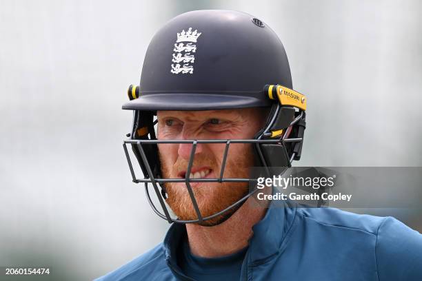 England captain Ben Stokes during a nets session at Himachal Pradesh Cricket Association Stadium on March 05, 2024 in Dharamsala, India.