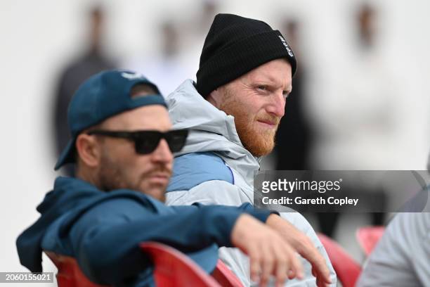 England captain Ben Stokes and coach Brendon McCullum during a nets session at Himachal Pradesh Cricket Association Stadium on March 05, 2024 in...