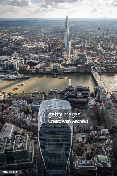 aerial view of the walkie-talkie and and the shard in london - london bridge england stock pictures, royalty-free photos & images