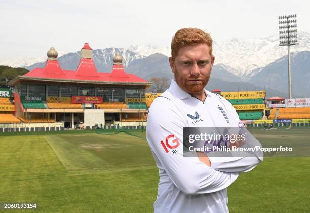 Jonny Bairstow of England poses for a photograph after the England Net Session at Himachal Pradesh Cricket Association Stadium on March 05, 2024 in...