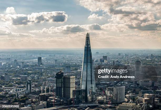 aerial view of the shard and london skyline - shard london bridge stock pictures, royalty-free photos & images