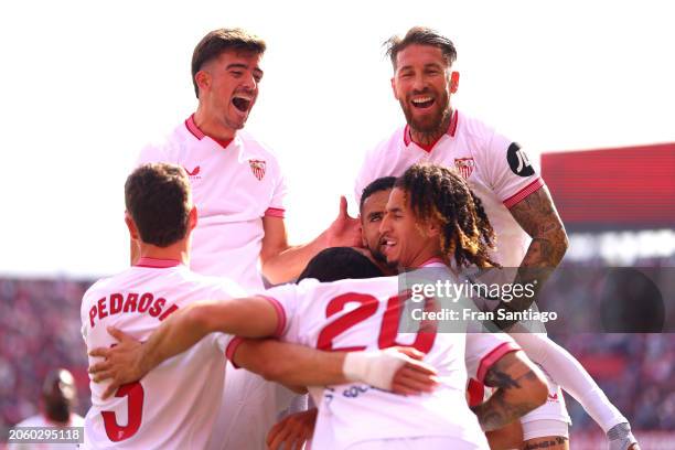 Yousseff En-Nesyri of Sevilla FC celebrates after scoring the teams second goal during the LaLiga EA Sports match between Sevilla FC and Real...