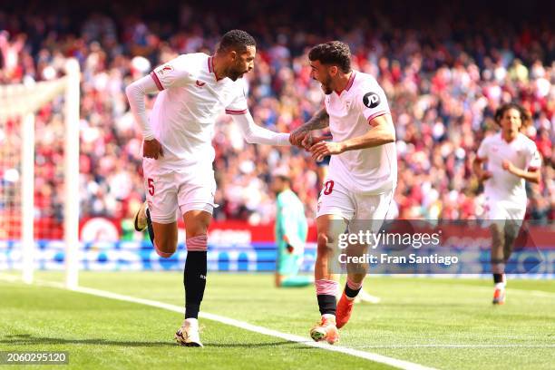 Yousseff En-Nesyri of Sevilla FC celebrates after scoring the teams second goal during the LaLiga EA Sports match between Sevilla FC and Real...