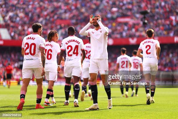 Yousseff En-Nesyri of Sevilla FC celebrates after scoring the teams second goal during the LaLiga EA Sports match between Sevilla FC and Real...