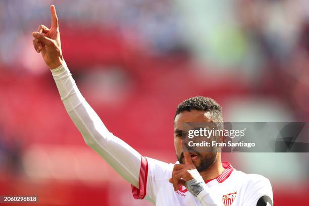 Yousseff En-Nesyri of Sevilla FC celebrates after scoring the teams second goal during the LaLiga EA Sports match between Sevilla FC and Real...