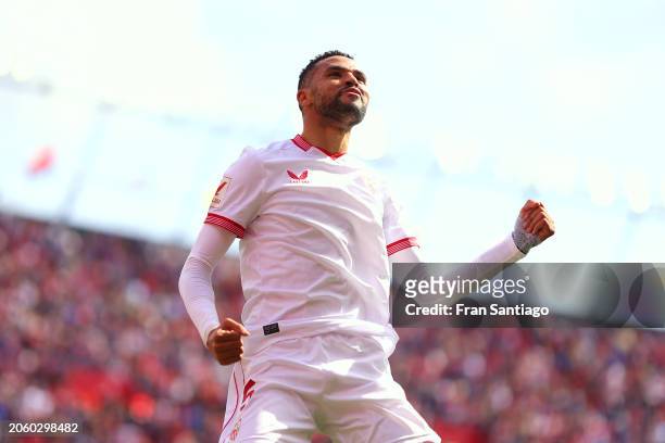 Yousseff En-Nesyri of Sevilla FC celebrates after scoring the teams second goal during the LaLiga EA Sports match between Sevilla FC and Real...