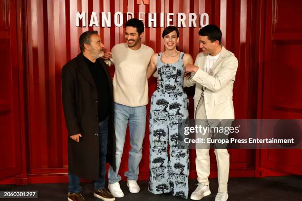 Actors Eduard Fernandez, Chino Darin, Jaime Lorente and actress Natalia de Molina pose during the presentation of the series 'Mano de hierro' at the...