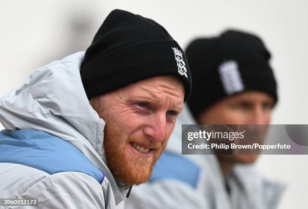 Ben Stokes and Joe Root of England look on during the England Net Session at Himachal Pradesh Cricket Association Stadium on March 05, 2024 in...