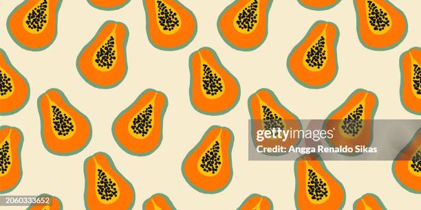 papaya fruit hand drawing seamless tropical pattern - papaya stock illustrations