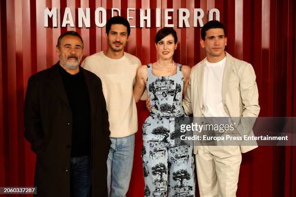 Actors Eduard Fernandez, Chino Darin, Jaime Lorente and actress Natalia de Molina pose during the presentation of the series 'Mano de hierro' at the...