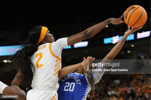 Tennessee Volunteers forward Rickea Jackson blocks the shot of Kentucky Wildcats guard Amiya Jenkins during the SEC Women's Basketball Tournament...