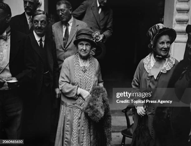 English political activist and writer Millicent Fawcett with her sister, English suffragist and interior designer Agnes Garrett , at the unveiling...