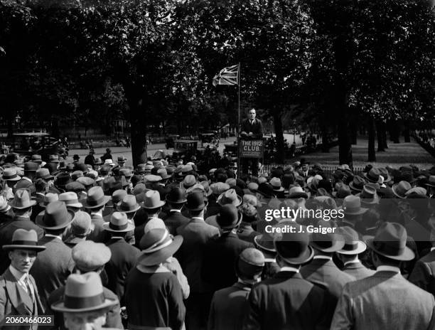 Speaker of the 1912 Club, City of London Conservative Association addressing the crowd in Hyde Park, London, UK, July 1928.