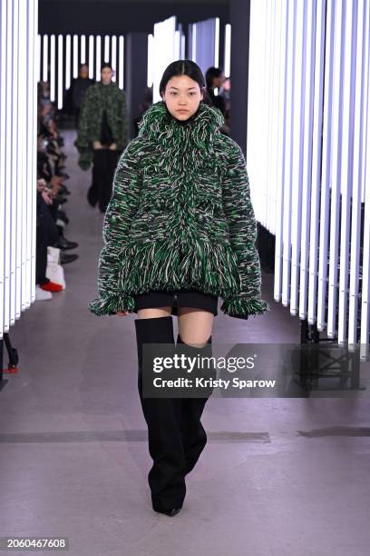 Model walks the runway during the Sacai Womenswear Fall/Winter 2024-2025 show as part of Paris Fashion Week on March 04, 2024 in Paris, France.