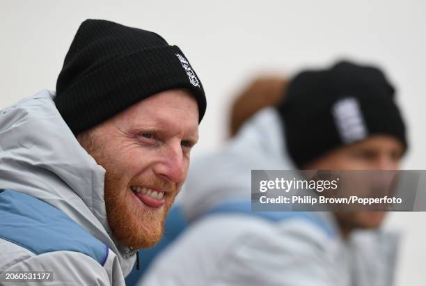 Ben Stokes and Joe Root of England look on during the England Net Session at Himachal Pradesh Cricket Association Stadium on March 05, 2024 in...