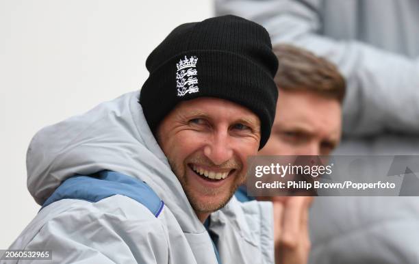 Joe Root of England laughs during the England Net Session at Himachal Pradesh Cricket Association Stadium on March 05, 2024 in Dharamsala, India.