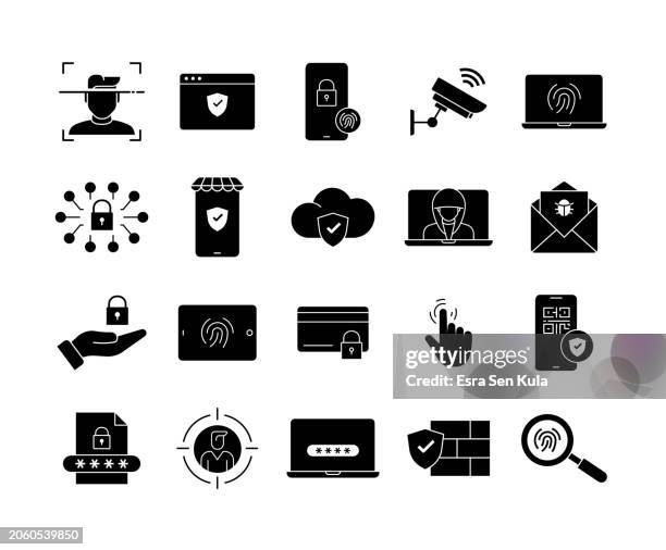 cyber security solid icon set - facial recognition black stock illustrations