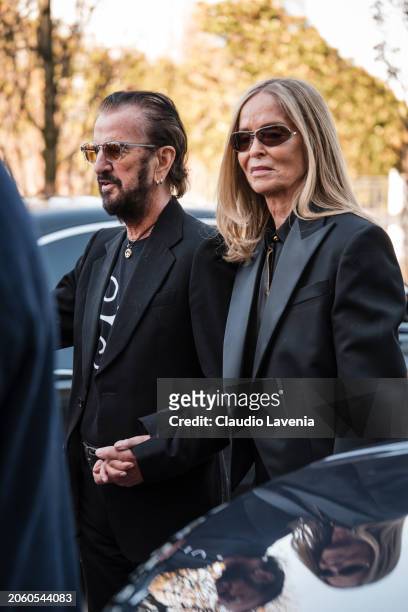 Ringo Starr wears, black printed t-shirt, black blazer, and Barbara Bach wears black shirt, black blazer, outside Stella McCartney, during the...