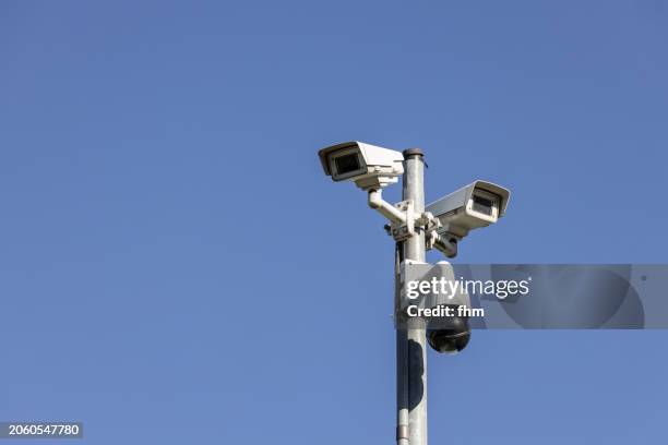 surveillance cameras with blue sky - albero maestro foto e immagini stock