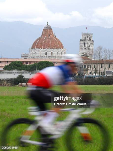 General view of Valentin Madouas of France and Team Groupama-FDJ competes the passing through a Pisa city landscape during the 59th Tirreno-Adriatico...