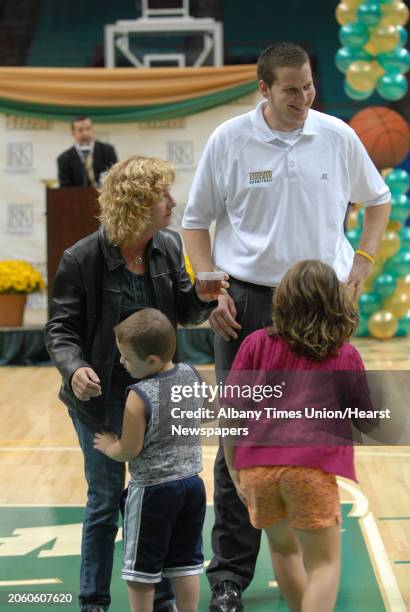 Times Union staff photo by Lori Van Buren -- Siena men's basketball player Josh Duell talks to fans at the Times Union Center in Albany, NY on...