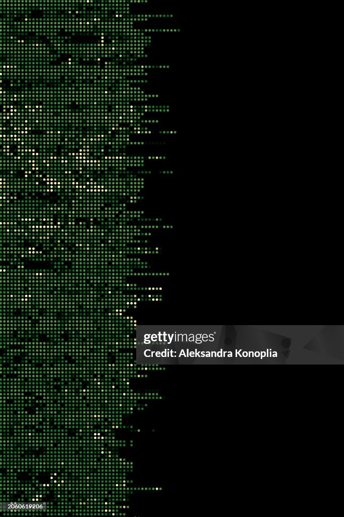 Abstract led screen texture, Dot tv background, Half tone dots, Motion Glitch interlaced green Monochrome Distorted textured futuristic design with Circle color Variation Horizontal striped Pattern. Digital signal, Broadcasting error border.
