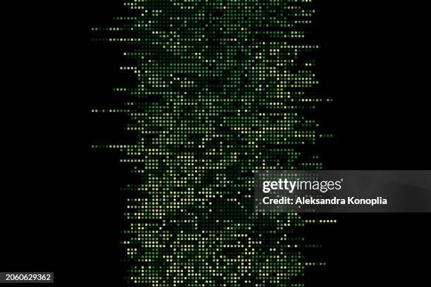 abstract led screen texture, dot tv background, half tone dots, motion glitch interlaced green monochrome distorted textured futuristic design with circle color variation horizontal striped pattern. digital signal, broadcasting error border. - compuesto digital fotografías e imágenes de stock