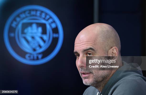 Pep Guardiola the manager of Manchester City faces the media during a press conference at Manchester City Football Academy on March 05, 2024 in...