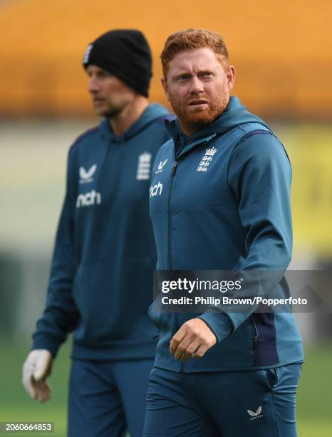 Jonny Bairstow of England trains with Joe Root during the England Net Session at Himachal Pradesh Cricket Association Stadium on March 05, 2024 in...