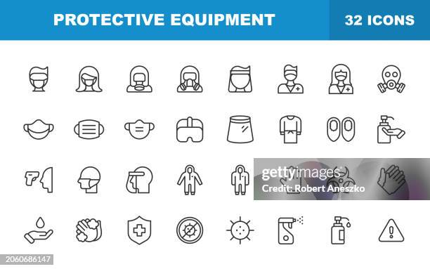 bildbanksillustrationer, clip art samt tecknat material och ikoner med protective equipment line icons. editable stroke. contains such icons as hazmat suit, face mask, hand washing, gas mask, surgeon mask, gloves, hand washing, cleaning, thermometer. - varningssymbol för biologisk fara