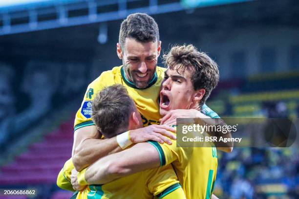 Rodrigo Guth of Fortuna Sittard celebrates after scoring the team's fifth goal with Ivo Pinto of Fortuna Sittard and Kaj Sierhuis of Fortuna Sittard...