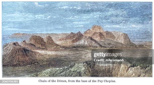 old engraving illustration of the chaîne des puys, a north-south oriented chain of cinder cones, lava domes, and maars in the massif central of france (highest point is the lava dome of puy de dôme, located near the middle of the chain, which is 1,465 m) - a point stock pictures, royalty-free photos & images