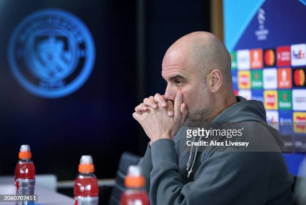 Pep Guardiola the manager of Manchester City faces the media during a press conference at Manchester City Football Academy on March 05, 2024 in...