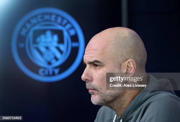 Pep Guardiola the manager of Manchester City faces the media during a press conference at Manchester City Football Academy on March 05, 2024 in...