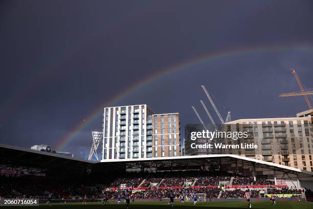 Rainbow appears during the Premier League match between Brentford FC and Chelsea FC at Brentford Community Stadium on March 02, 2024 in Brentford,...