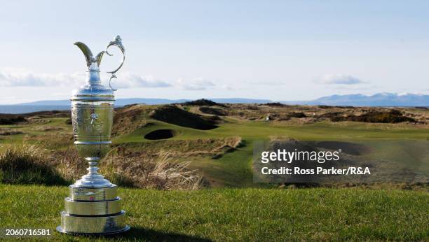 The Claret Jug is displayed during previews for The 152nd Open Championship at Royal Troon Golf Club on February 26, 2024 in Troon, Scotland.