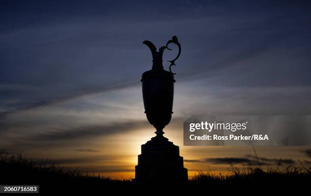 The Claret Jug is displayed during previews for The 152nd Open Championship at Royal Troon Golf Club on February 26, 2024 in Troon, Scotland.