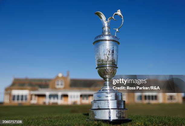 The Claret Jug is displayed during previews for The 152nd Open Championship at Royal Troon Golf Club on February 26, 2024 in Troon, Scotland.