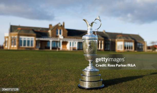 The Claret Jug is displayed during previews for The 152nd Open Championship at Royal Troon Golf Club on February 26, 2024 in Troon, Scotland.