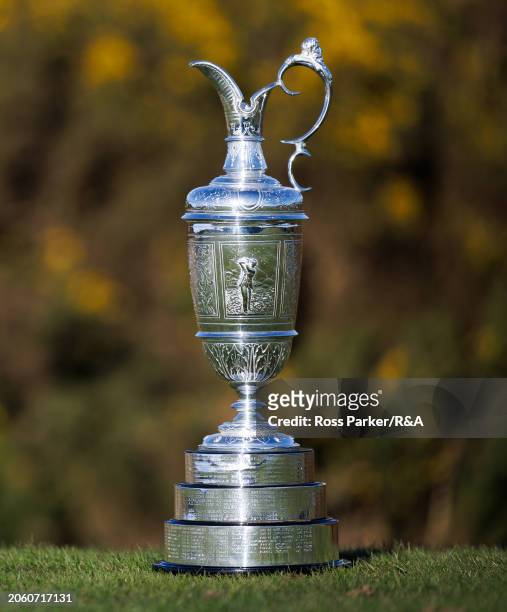 The Claret Jug is displayed during previews for The 152nd Open Championship at Royal Troon Golf Club on February 26, 2024 in Troon, Scotland.