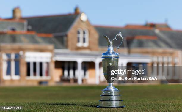 The Claret Jug is displayed during previews for The 152nd Open Championship at Royal Troon Golf Club on February 26, 2024 in Troon, Scotland.